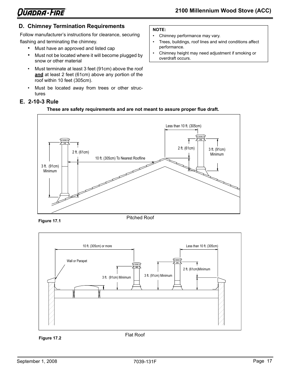 2100 millennium wood stove (acc), D. chimney termination requirements, E. 2-10-3 rule | Hearth and Home Technologies 21M-ACC User Manual | Page 17 / 44