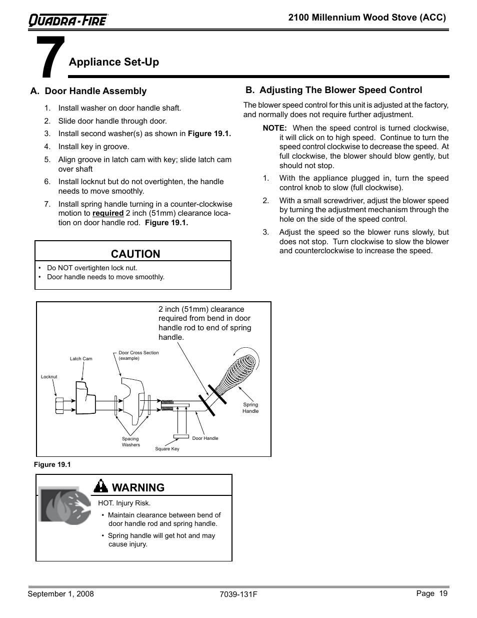 Caution, Warning, Appliance set-up | Hearth and Home Technologies 21M-ACC User Manual | Page 19 / 44