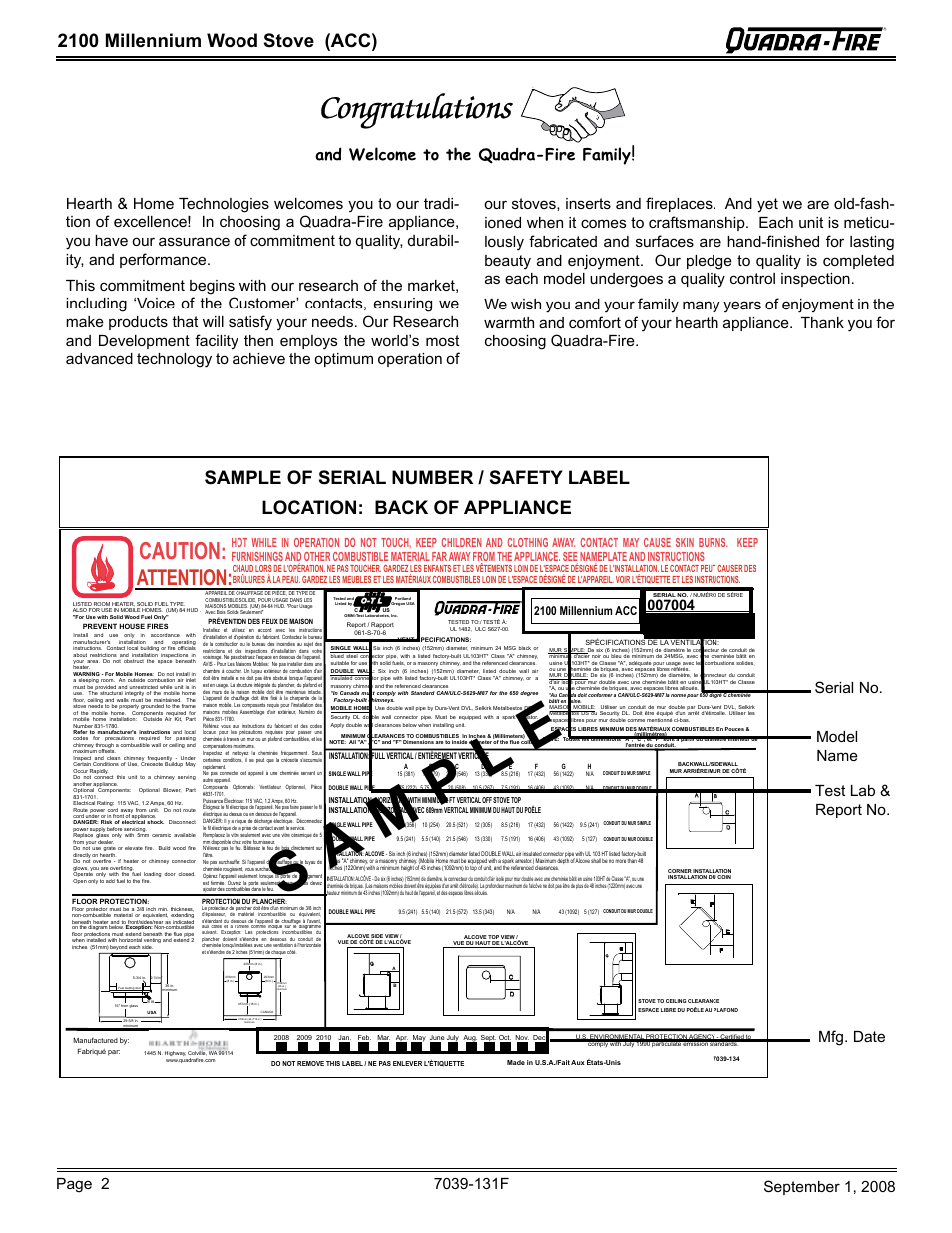Caution, Attention, 2100 millennium wood stove (acc) | 2100 millennium acc | Hearth and Home Technologies 21M-ACC User Manual | Page 2 / 44