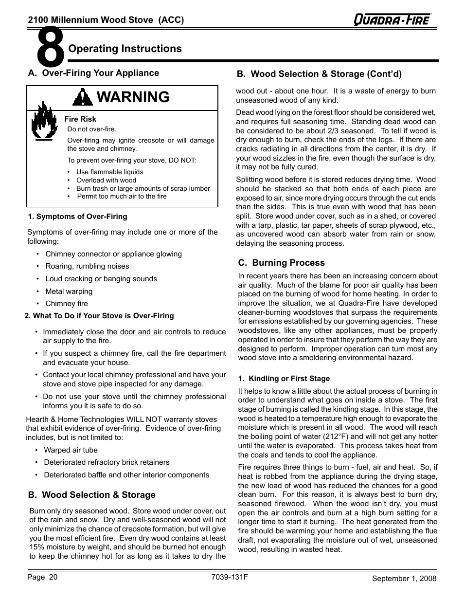 Warning, Operating instructions | Hearth and Home Technologies 21M-ACC User Manual | Page 20 / 44