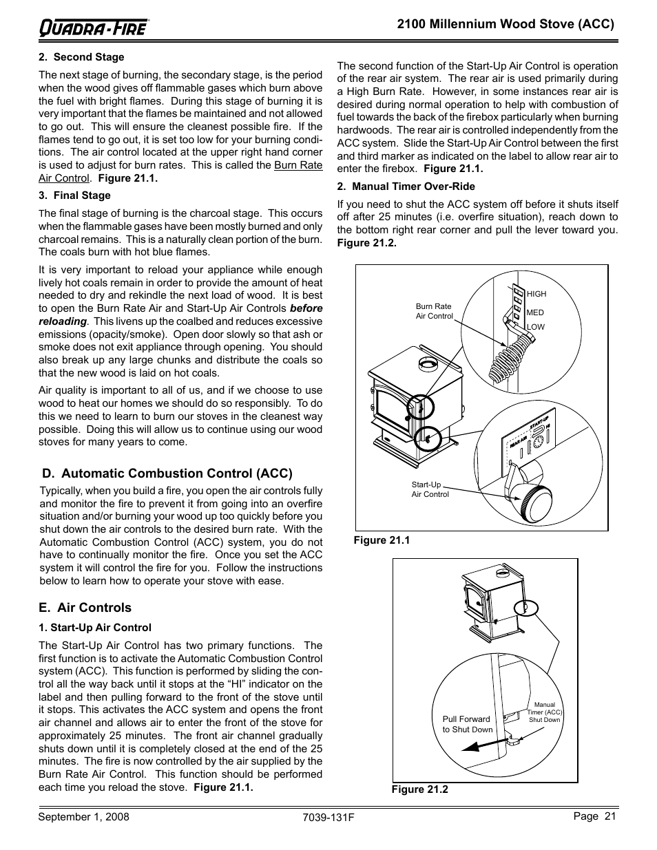 2100 millennium wood stove (acc), D. automatic combustion control (acc), E. air controls | Hearth and Home Technologies 21M-ACC User Manual | Page 21 / 44