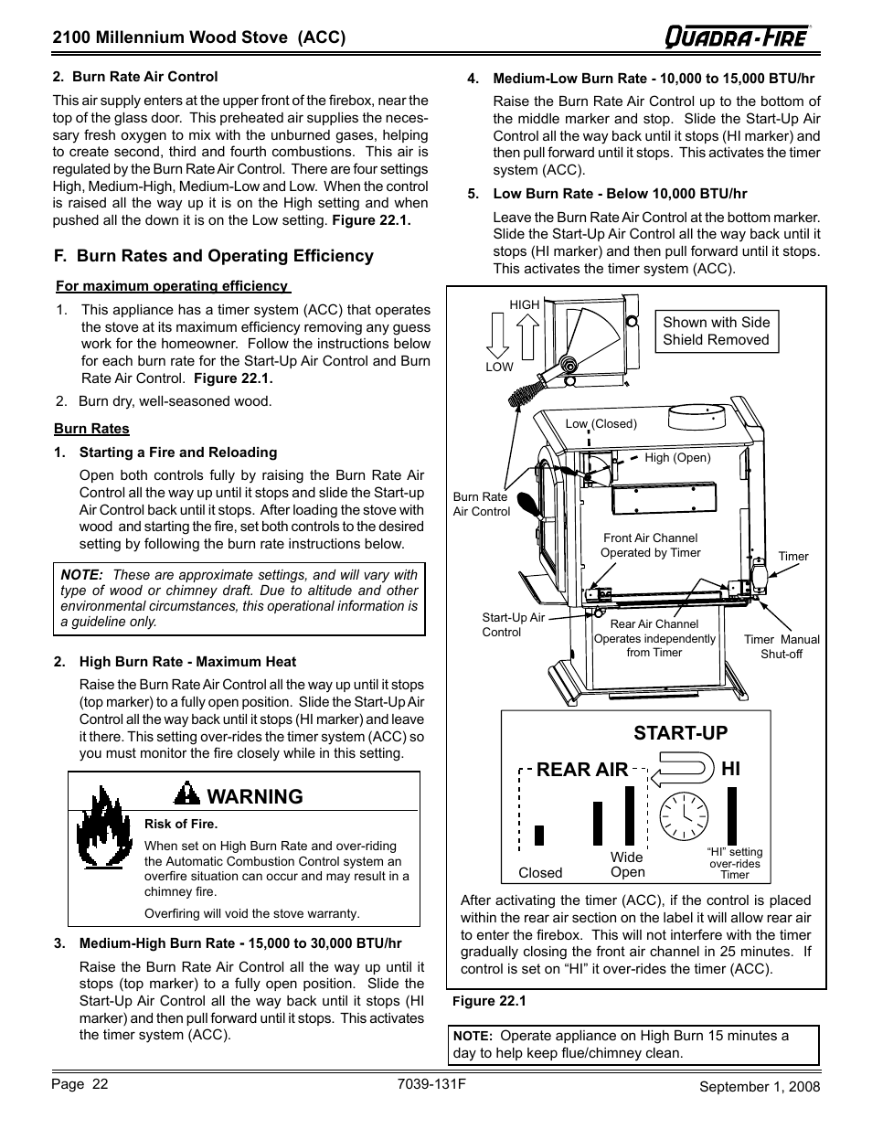 Warning, Start-up rear air hi | Hearth and Home Technologies 21M-ACC User Manual | Page 22 / 44
