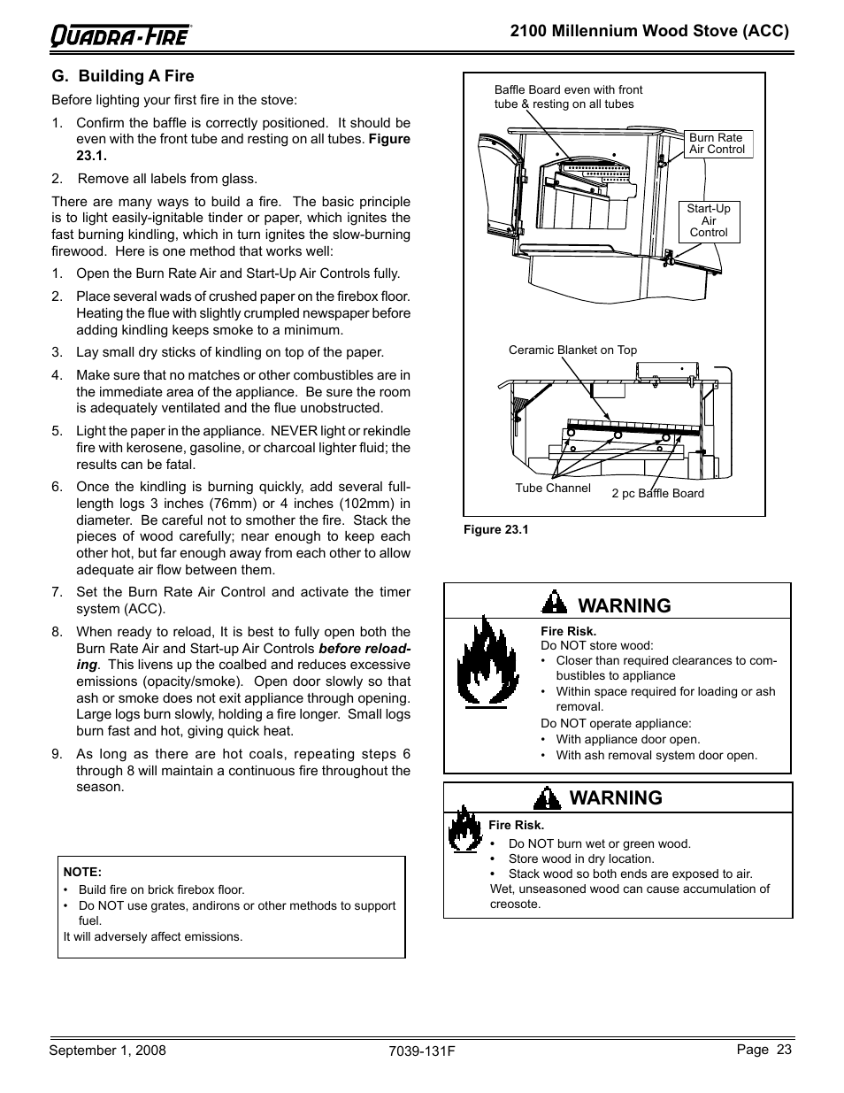Warning, 2100 millennium wood stove (acc), G. building a fire | Hearth and Home Technologies 21M-ACC User Manual | Page 23 / 44