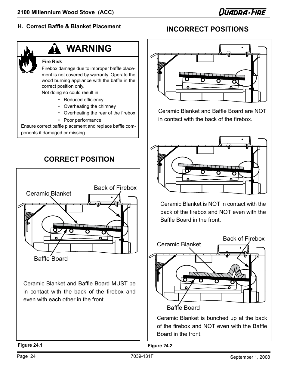 Warning, Correct position incorrect positions | Hearth and Home Technologies 21M-ACC User Manual | Page 24 / 44
