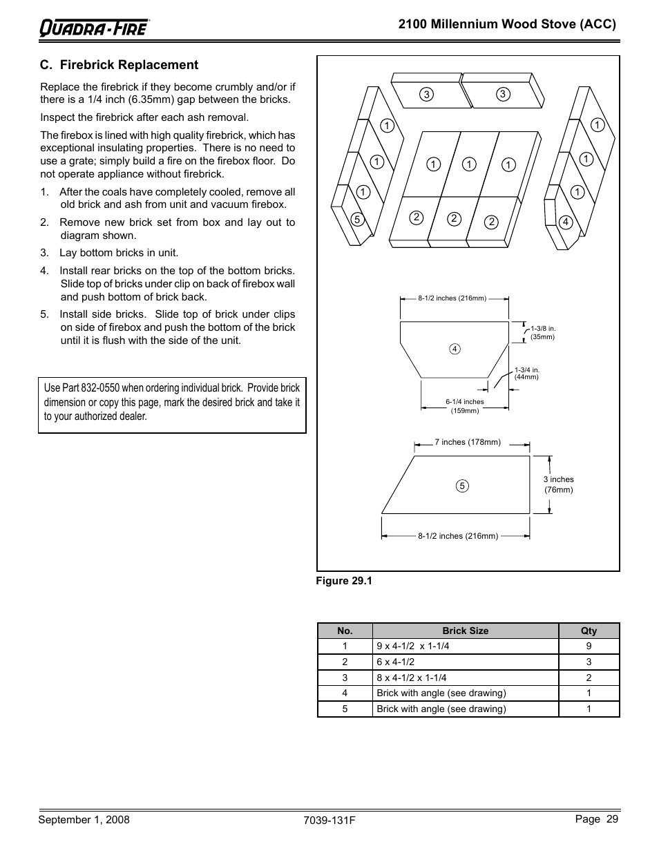 2100 millennium wood stove (acc), C. firebrick replacement | Hearth and Home Technologies 21M-ACC User Manual | Page 29 / 44