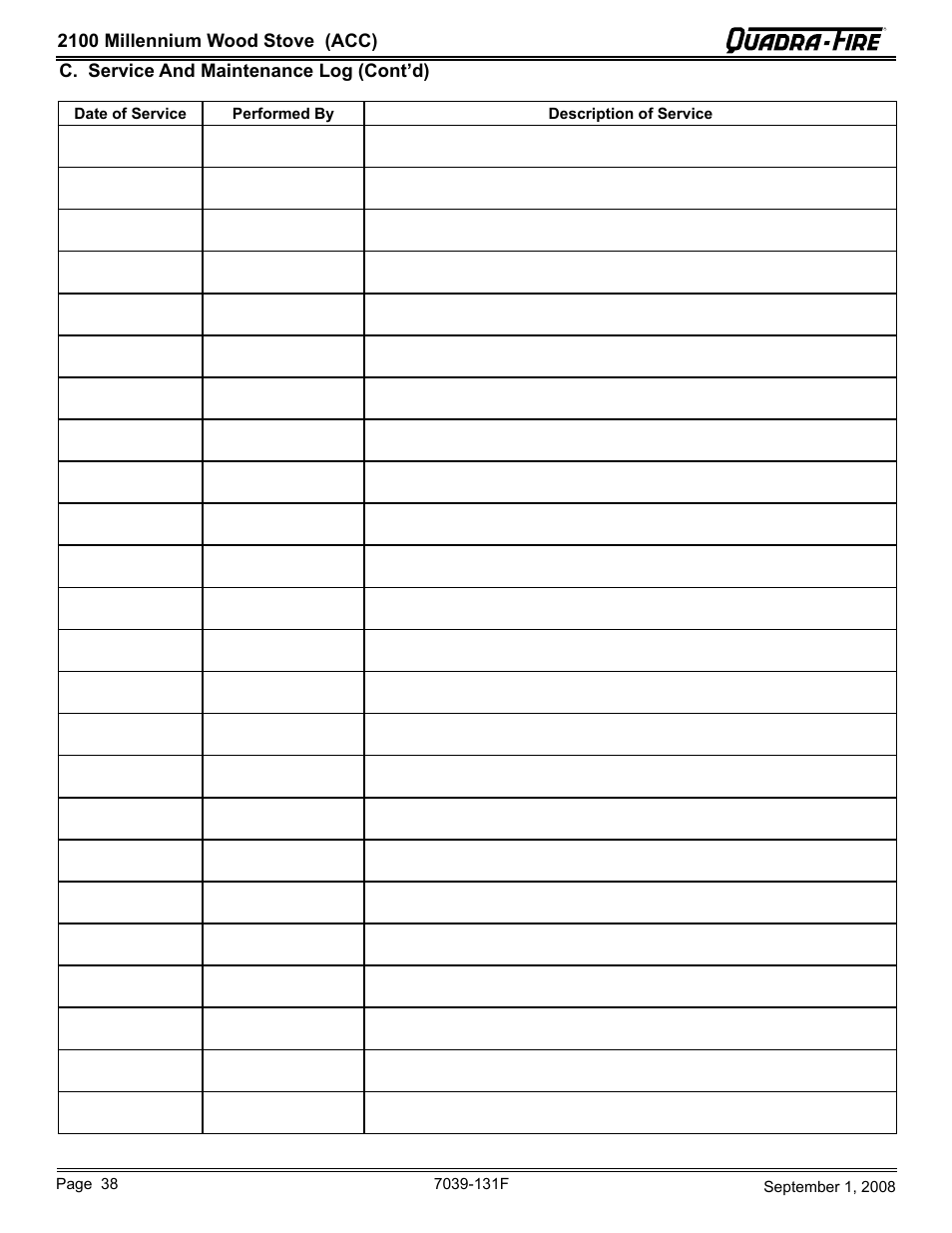 2100 millennium wood stove (acc), C. service and maintenance log (cont’d) | Hearth and Home Technologies 21M-ACC User Manual | Page 38 / 44