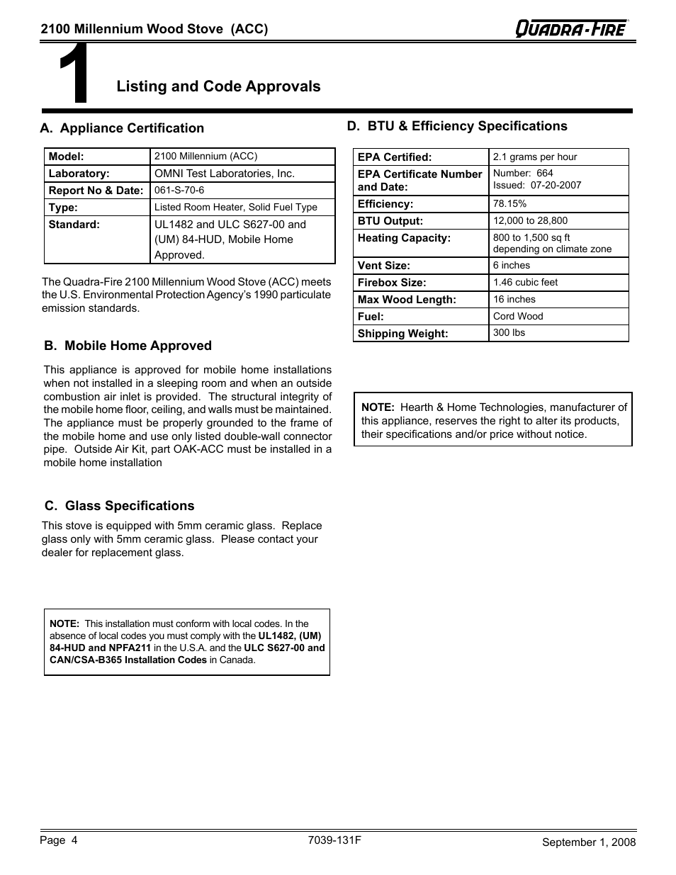 Listing and code approvals | Hearth and Home Technologies 21M-ACC User Manual | Page 4 / 44