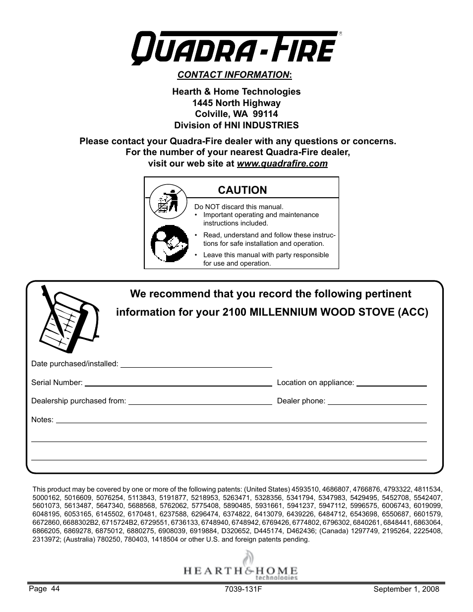Caution | Hearth and Home Technologies 21M-ACC User Manual | Page 44 / 44