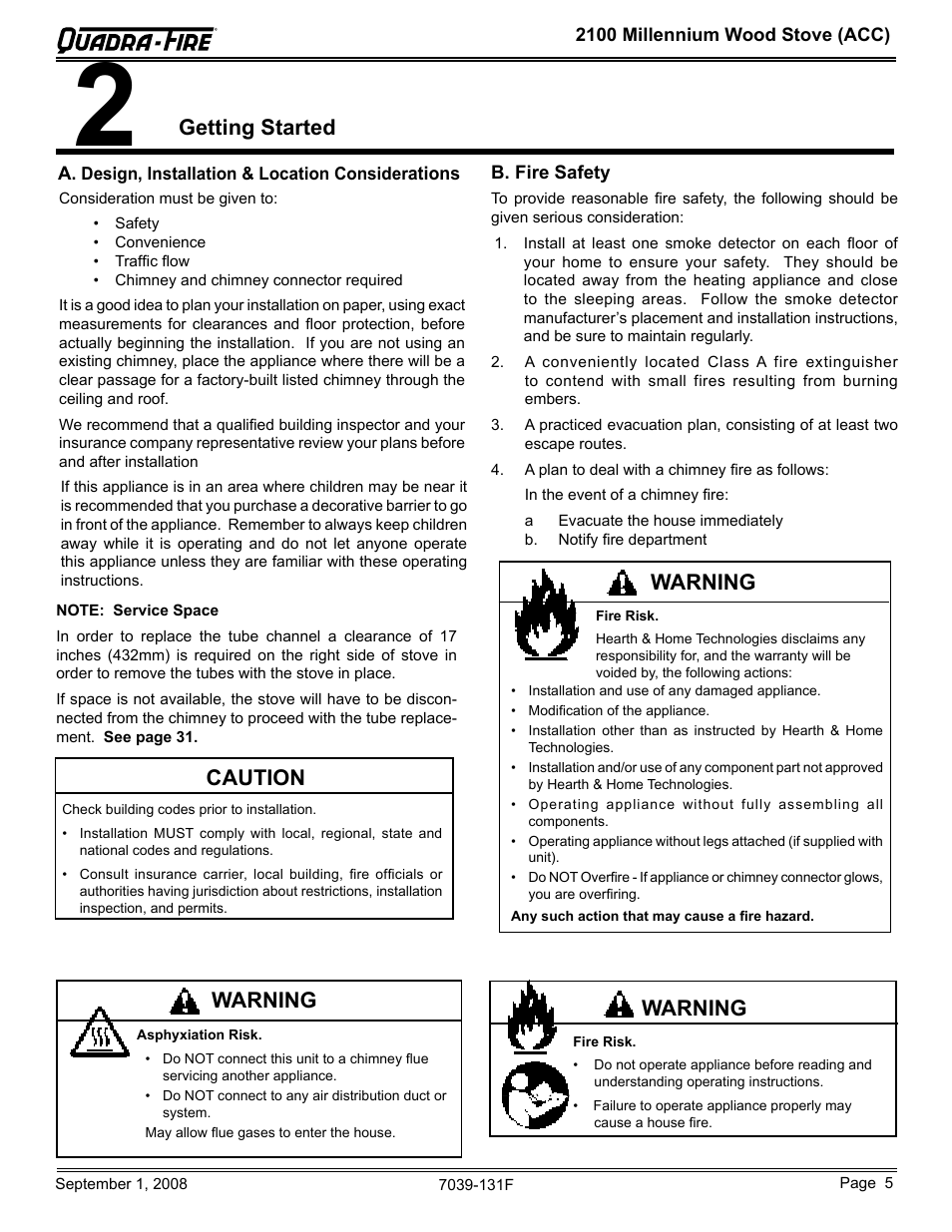 Getting started, Warning, Caution | Hearth and Home Technologies 21M-ACC User Manual | Page 5 / 44