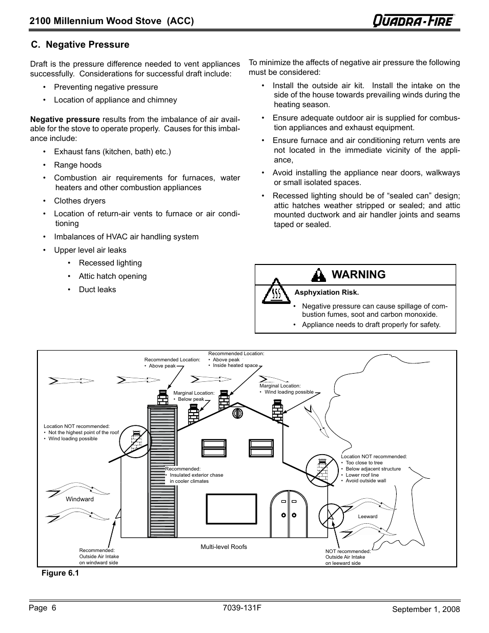 Warning, 2100 millennium wood stove (acc), C. negative pressure | Hearth and Home Technologies 21M-ACC User Manual | Page 6 / 44