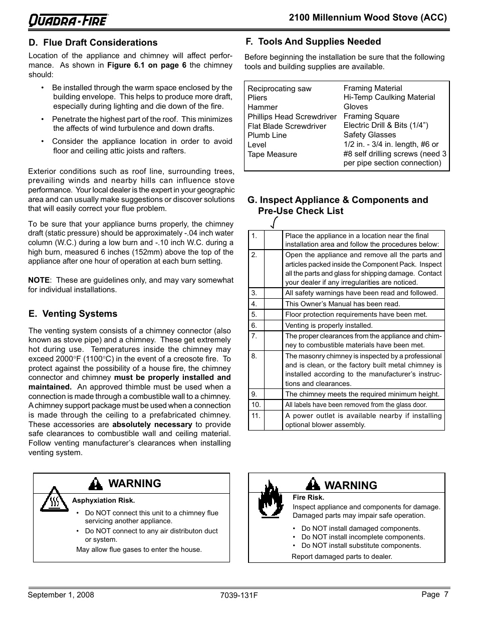Warning | Hearth and Home Technologies 21M-ACC User Manual | Page 7 / 44