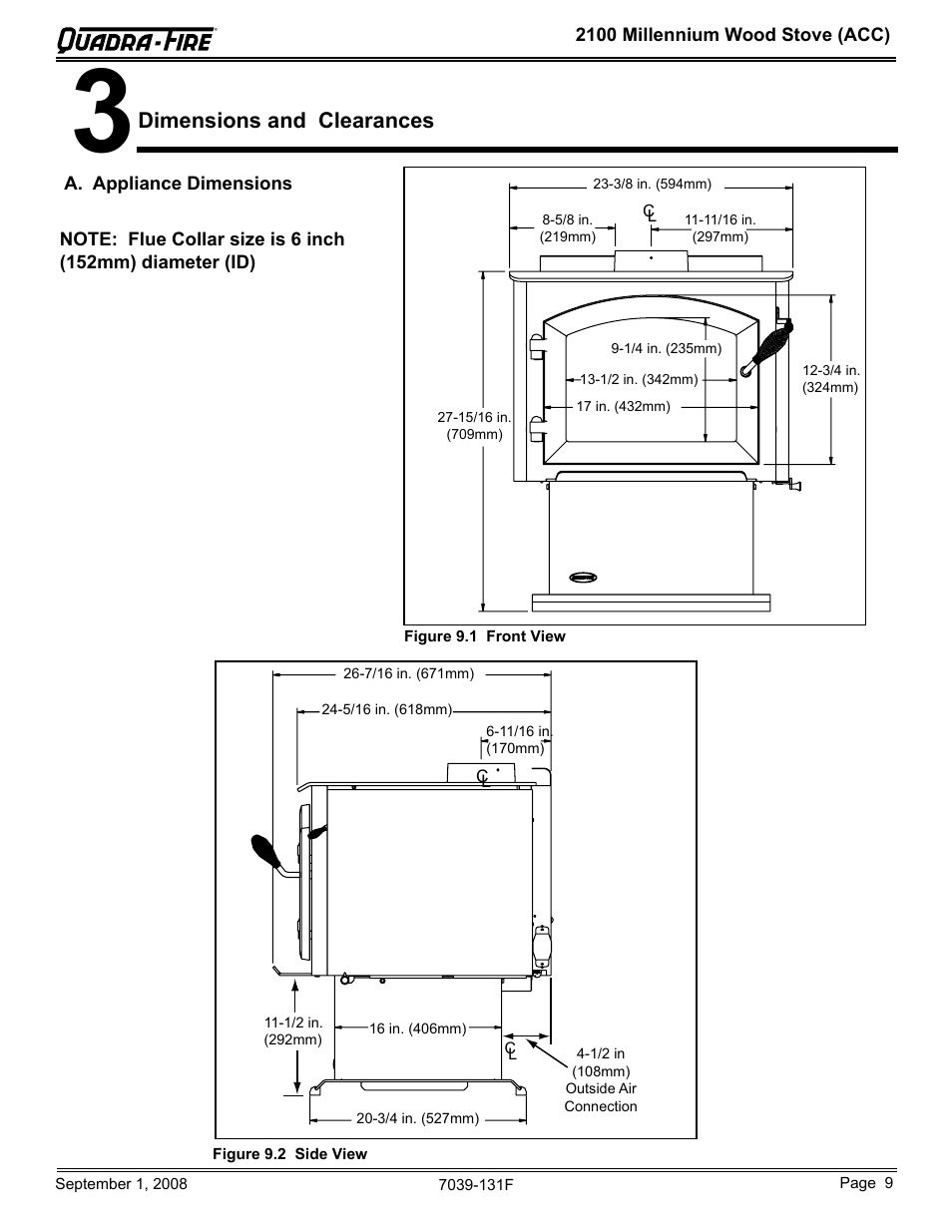 Dimensions and clearances | Hearth and Home Technologies 21M-ACC User Manual | Page 9 / 44