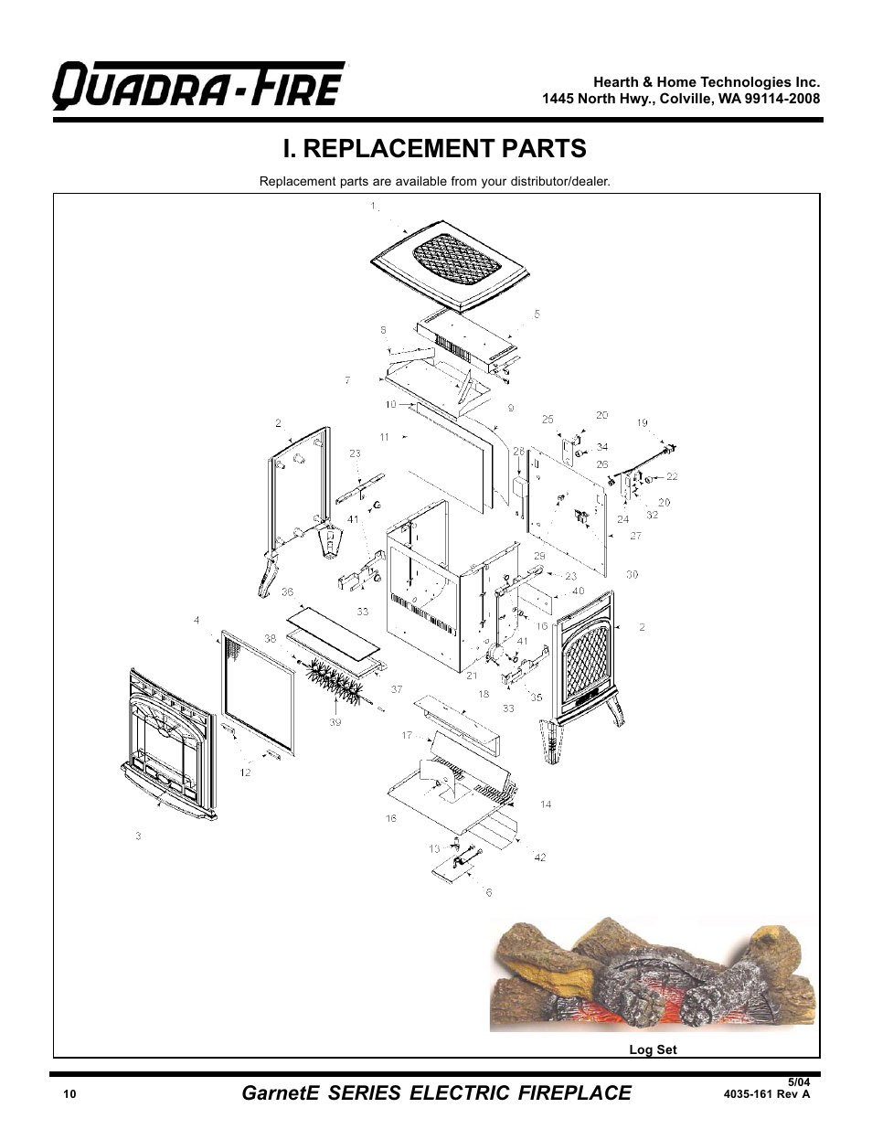 I. replacement parts, Garnete series electric fireplace | Hearth and Home Technologies GarnetE SERIES User Manual | Page 10 / 12