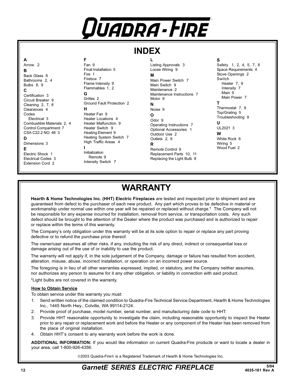 Index, Warranty, Garnete series electric fireplace | Hearth and Home Technologies GarnetE SERIES User Manual | Page 12 / 12