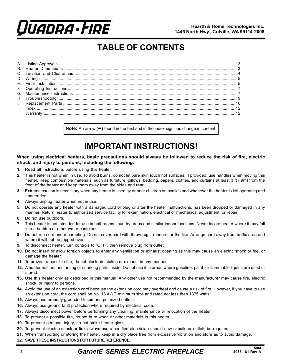Hearth and Home Technologies GarnetE SERIES User Manual | Page 2 / 12