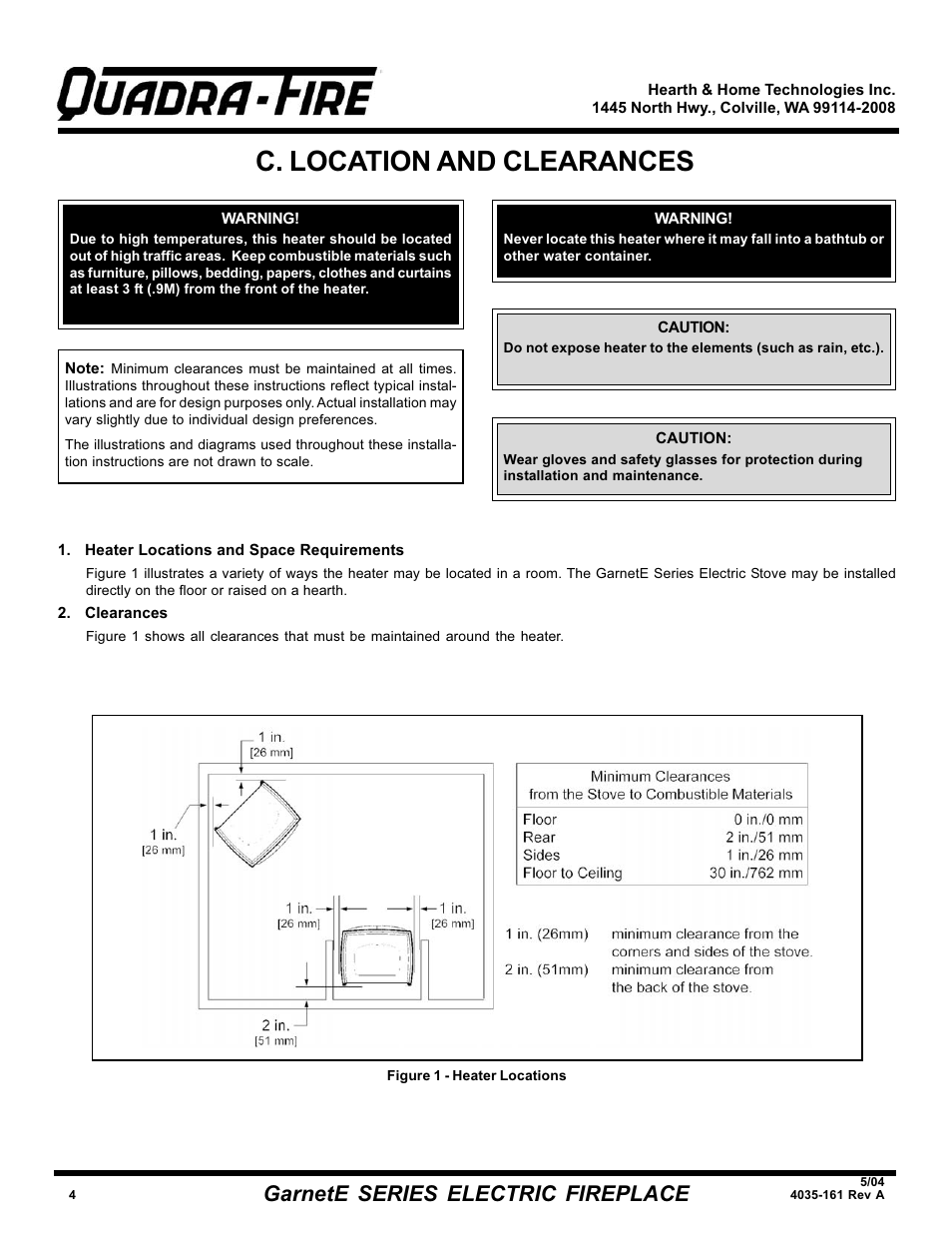 C. location and clearances, Garnete series electric fireplace | Hearth and Home Technologies GarnetE SERIES User Manual | Page 4 / 12