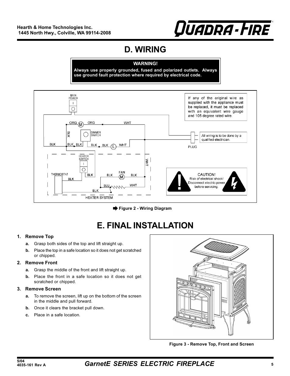 D. wiring e. final installation, Garnete series electric fireplace | Hearth and Home Technologies GarnetE SERIES User Manual | Page 5 / 12