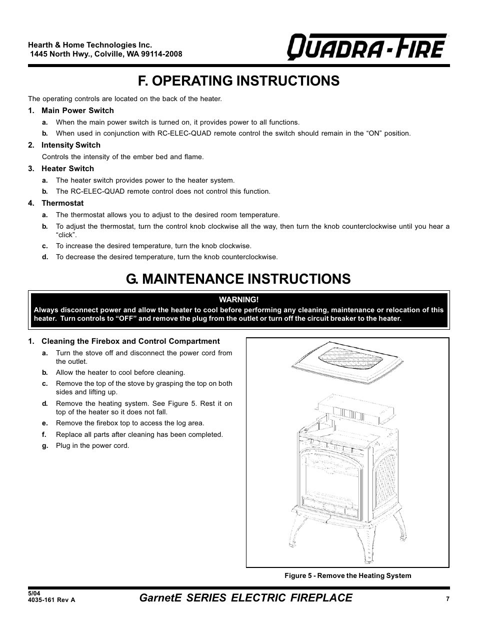 F. operating instructions, G. maintenance instructions, Garnete series electric fireplace | Hearth and Home Technologies GarnetE SERIES User Manual | Page 7 / 12