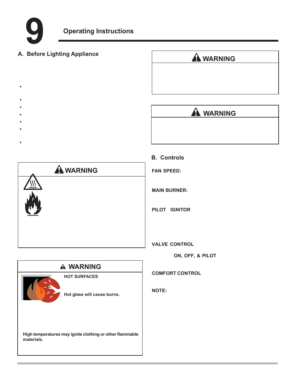Operating instructions, Warning | Hearth and Home Technologies Direct Vent Gas Appliance COLBAY-FS-B User Manual | Page 33 / 49