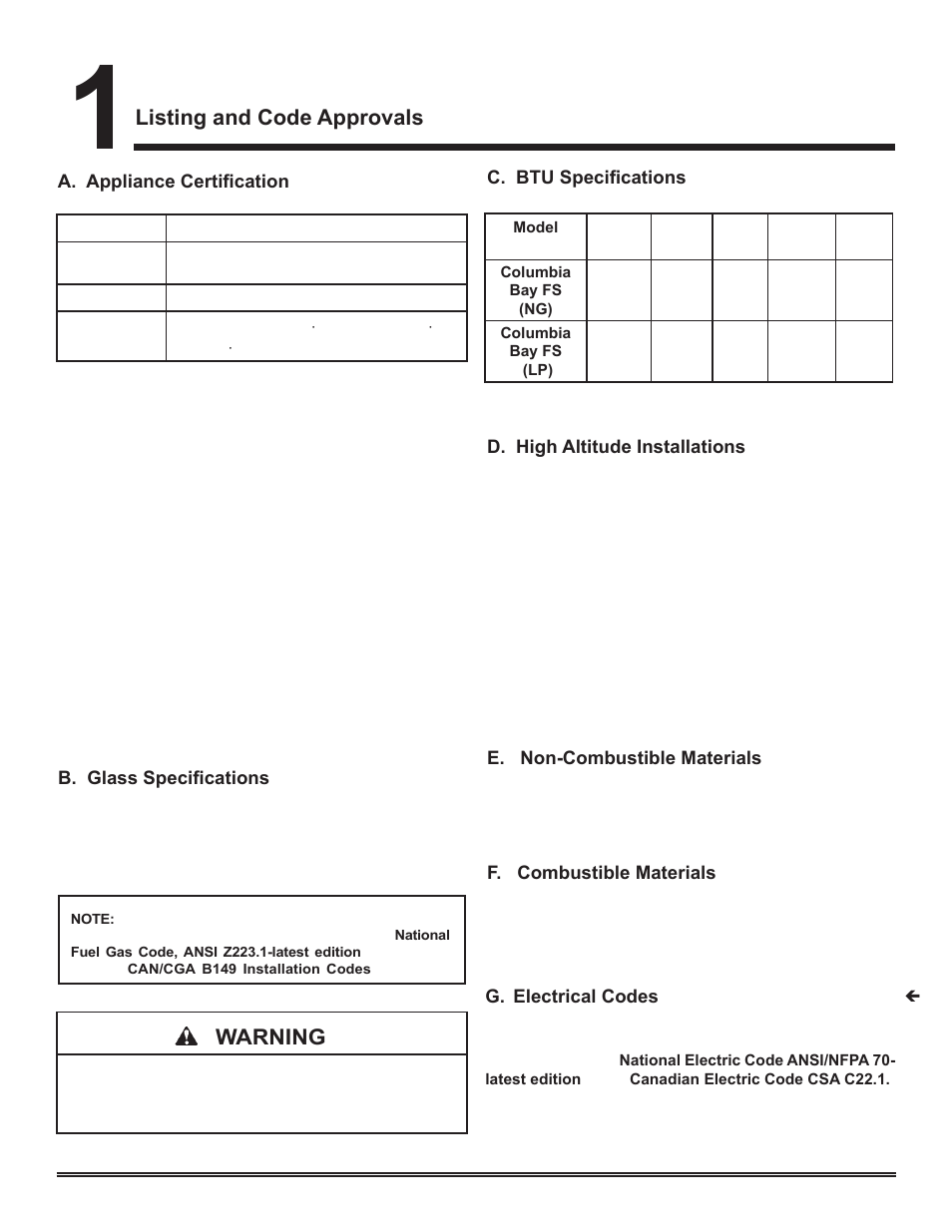 Listing and code approvals, Warning | Hearth and Home Technologies Direct Vent Gas Appliance COLBAY-FS-B User Manual | Page 4 / 49