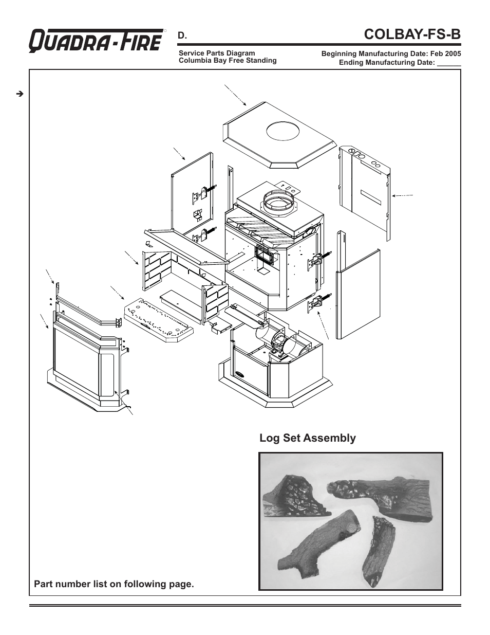 Colbay-fs-b, Service parts list, Log set assembly | Hearth and Home Technologies Direct Vent Gas Appliance COLBAY-FS-B User Manual | Page 44 / 49