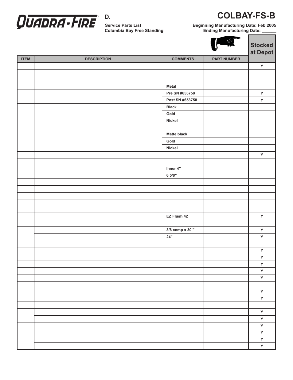 Colbay-fs-b, Service parts list, Stocked at depot | Hearth and Home Technologies Direct Vent Gas Appliance COLBAY-FS-B User Manual | Page 45 / 49