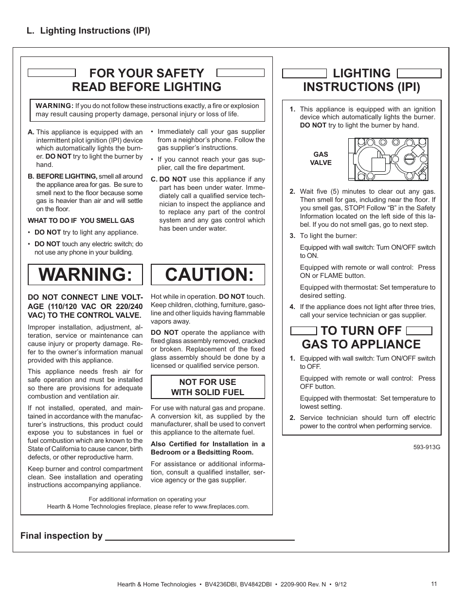 Caution, Warning, For your safety read before lighting | Hearth and Home Technologies Hearth&Home Fireplace BV4236DBI User Manual | Page 11 / 52