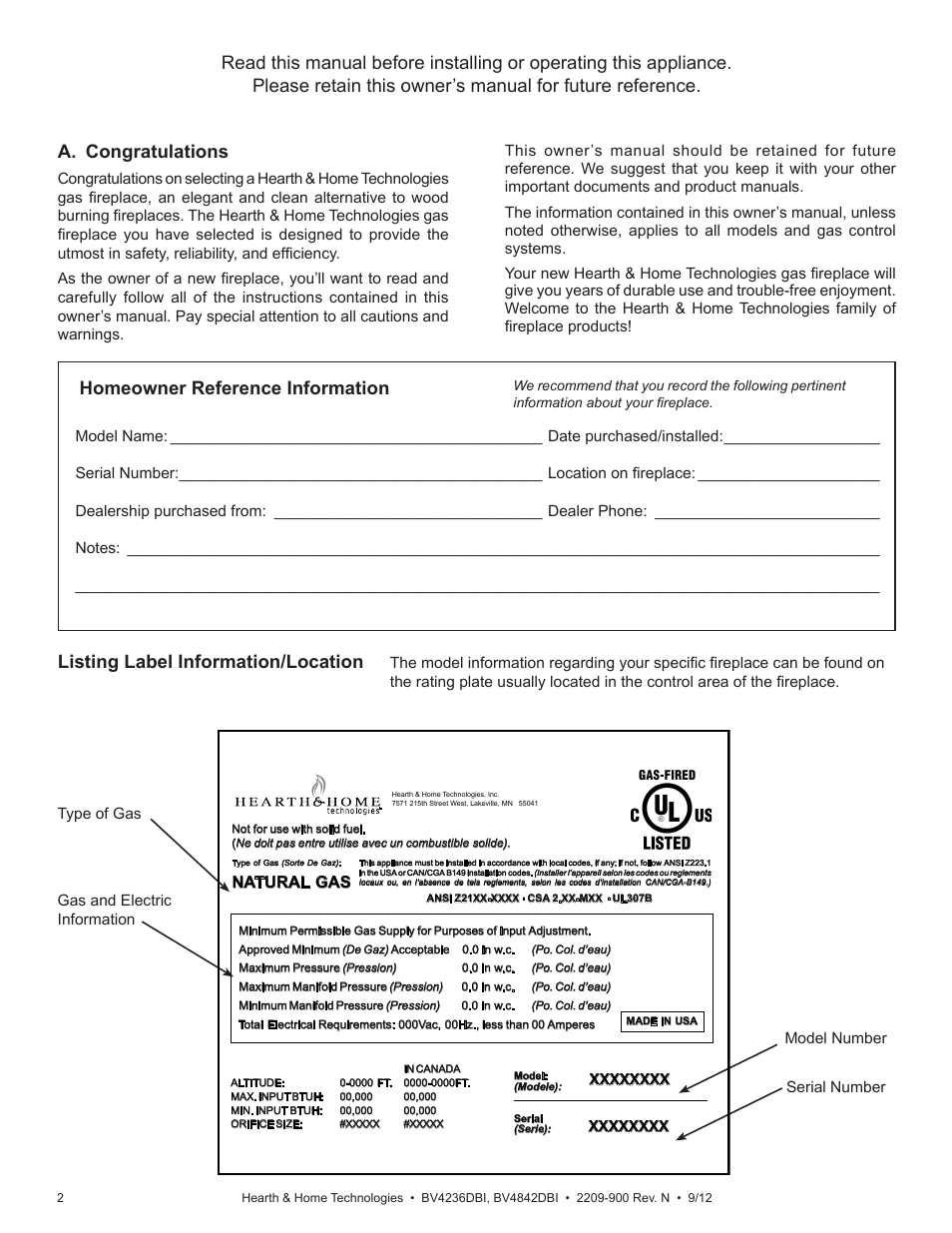 Listing label information/location, Homeowner reference information | Hearth and Home Technologies Hearth&Home Fireplace BV4236DBI User Manual | Page 2 / 52