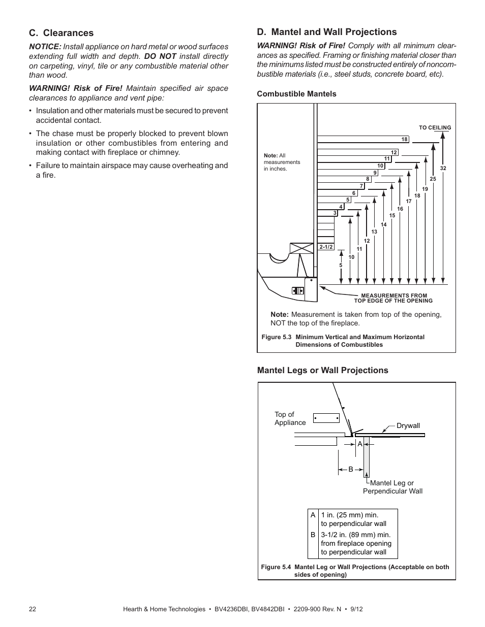 C. clearances, D. mantel and wall projections, Mantel legs or wall projections | Hearth and Home Technologies Hearth&Home Fireplace BV4236DBI User Manual | Page 22 / 52