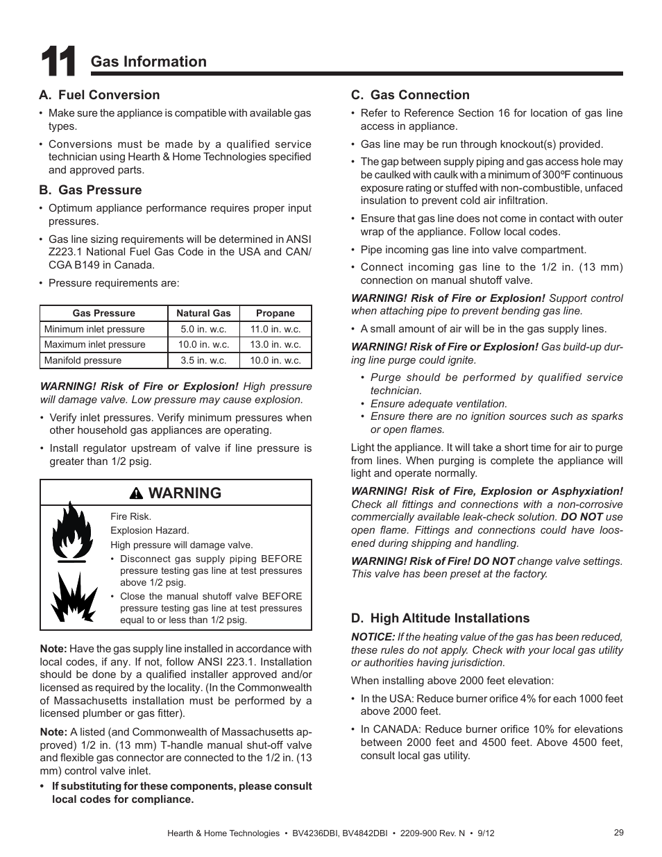 Gas information, Warning | Hearth and Home Technologies Hearth&Home Fireplace BV4236DBI User Manual | Page 29 / 52