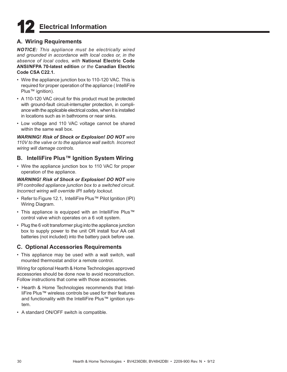 Electrical information | Hearth and Home Technologies Hearth&Home Fireplace BV4236DBI User Manual | Page 30 / 52
