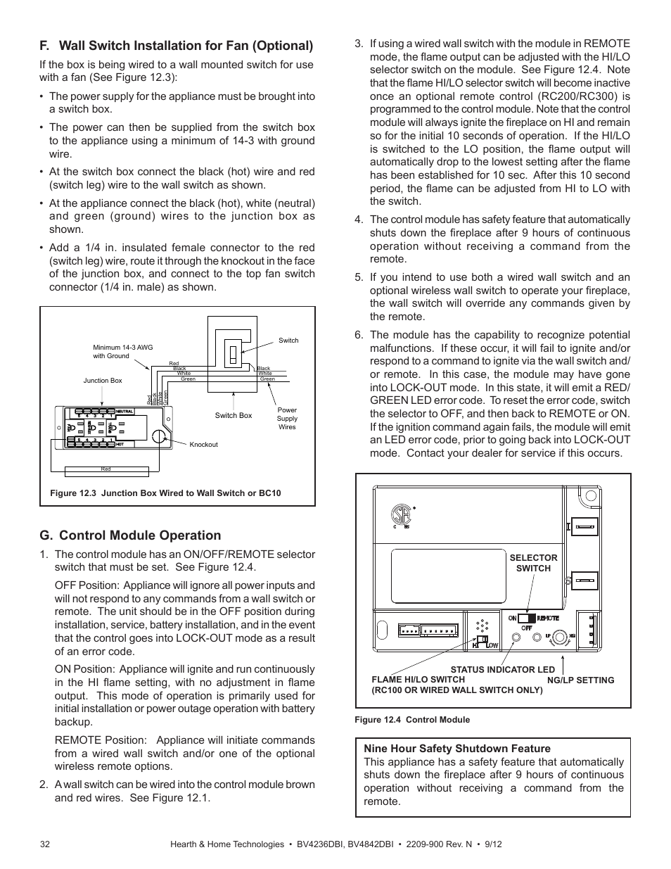 F. wall switch installation for fan (optional), G. control module operation | Hearth and Home Technologies Hearth&Home Fireplace BV4236DBI User Manual | Page 32 / 52