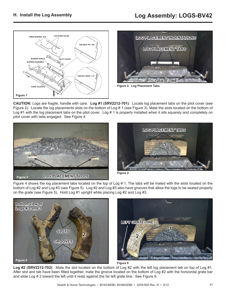 Log assembly: logs-bv42, H. install the log assembly | Hearth and Home Technologies Hearth&Home Fireplace BV4236DBI User Manual | Page 41 / 52