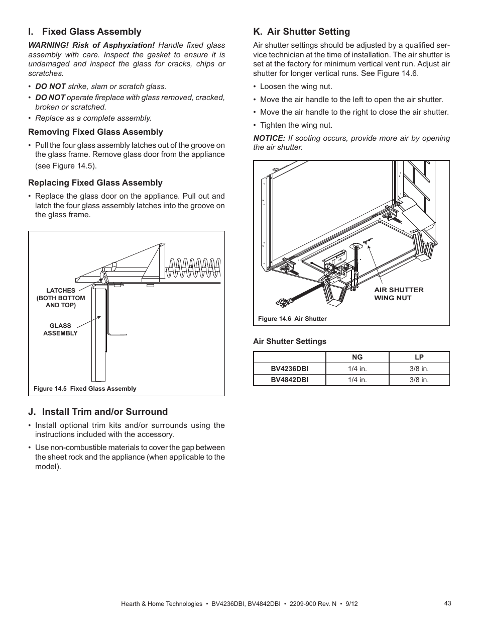 I. fixed glass assembly, J. install trim and/or surround, K. air shutter setting | Hearth and Home Technologies Hearth&Home Fireplace BV4236DBI User Manual | Page 43 / 52
