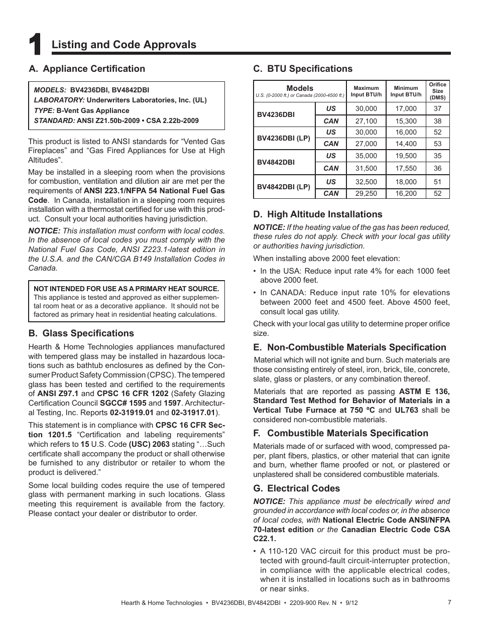 Listing and code approvals | Hearth and Home Technologies Hearth&Home Fireplace BV4236DBI User Manual | Page 7 / 52