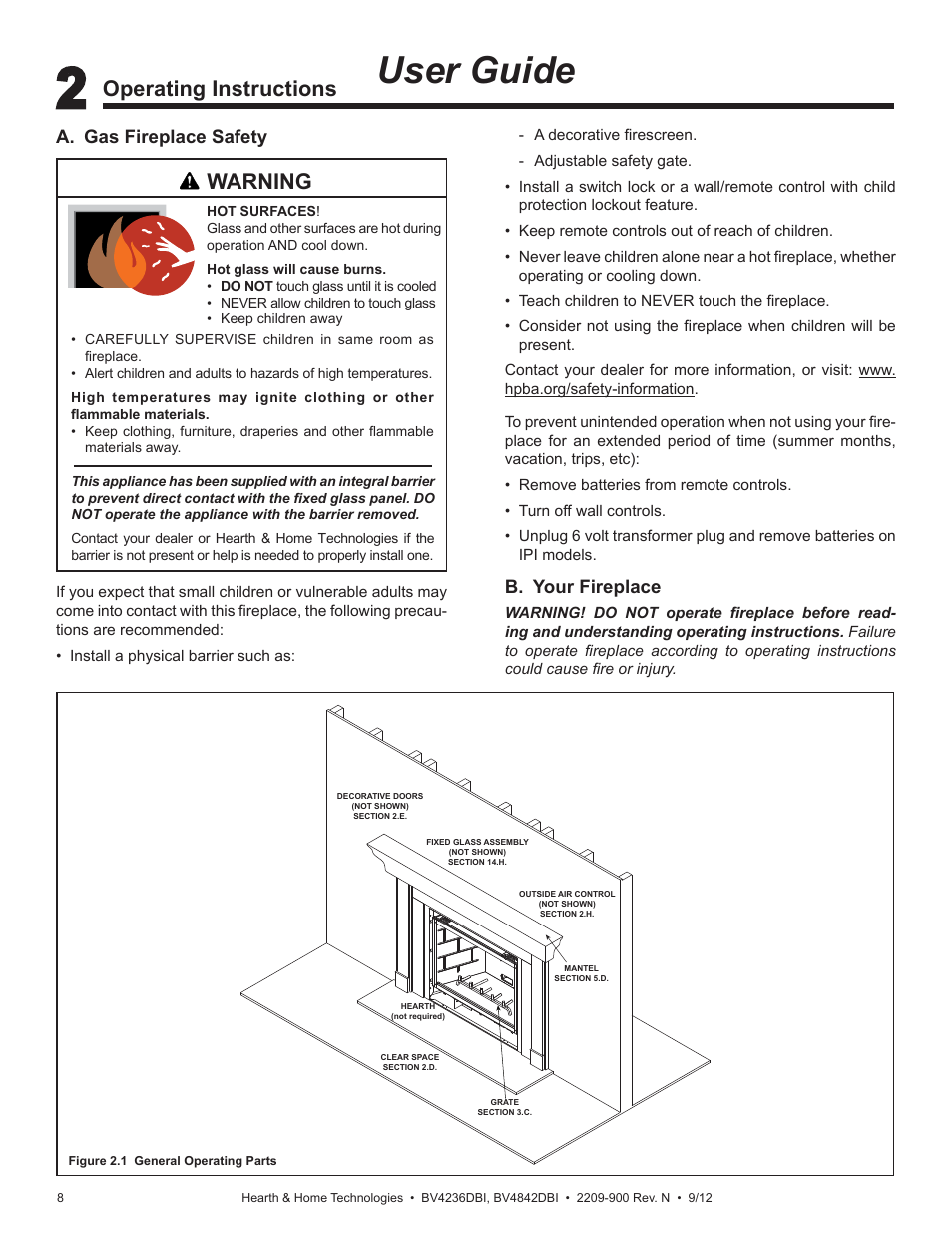 User guide, Operating instructions, Warning | B. your fireplace, A. gas fireplace safety | Hearth and Home Technologies Hearth&Home Fireplace BV4236DBI User Manual | Page 8 / 52