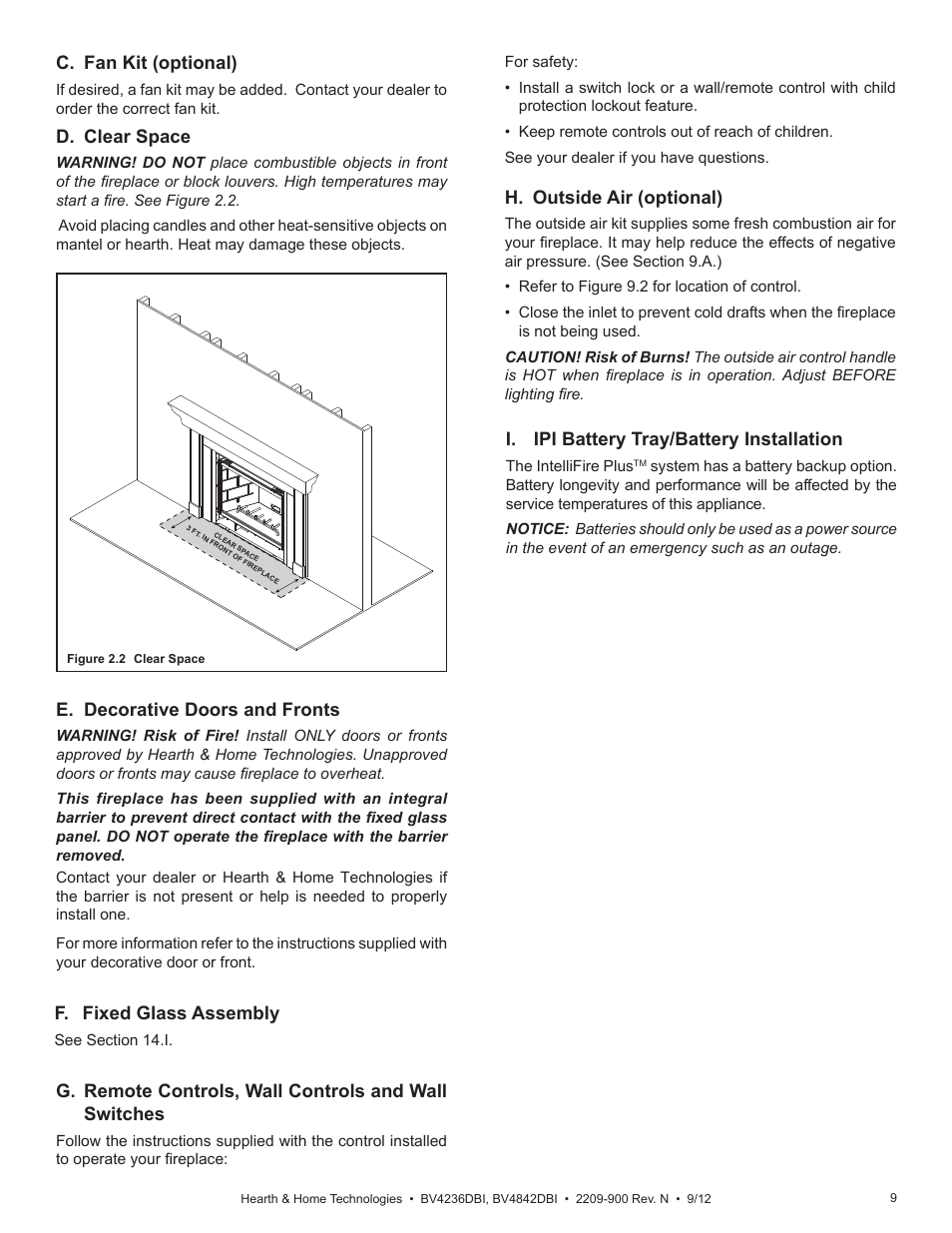 D. clear space, H. outside air (optional), F. fixed glass assembly | E. decorative doors and fronts, C. fan kit (optional), I. ipi battery tray/battery installation | Hearth and Home Technologies Hearth&Home Fireplace BV4236DBI User Manual | Page 9 / 52