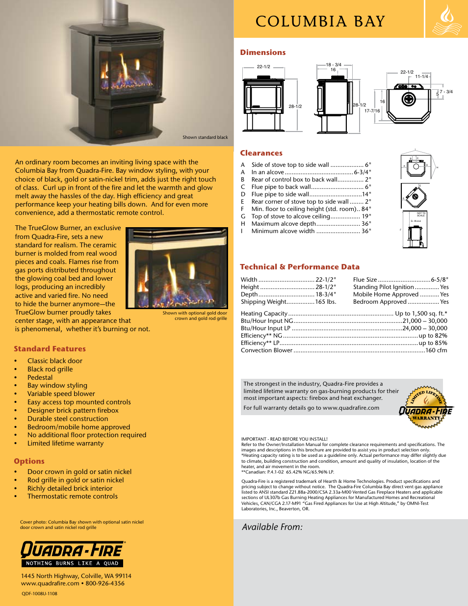 Columbia bay, Available from, Standard features options | Dimensions clearances technical & performance data | Hearth and Home Technologies Direct Vent Gas Stove Columbia Bay User Manual | Page 2 / 2