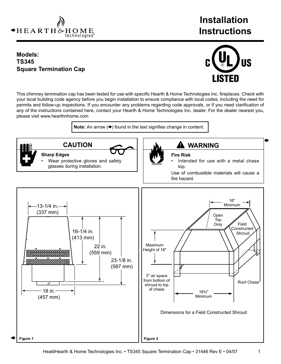 Hearth and Home Technologies Square Termination Cap TS345 User Manual | 2 pages