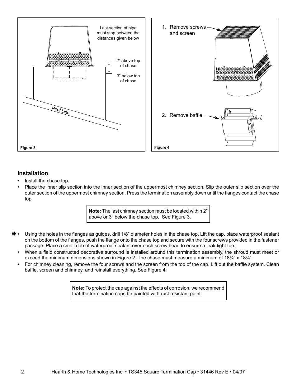 Installation | Hearth and Home Technologies Square Termination Cap TS345 User Manual | Page 2 / 2