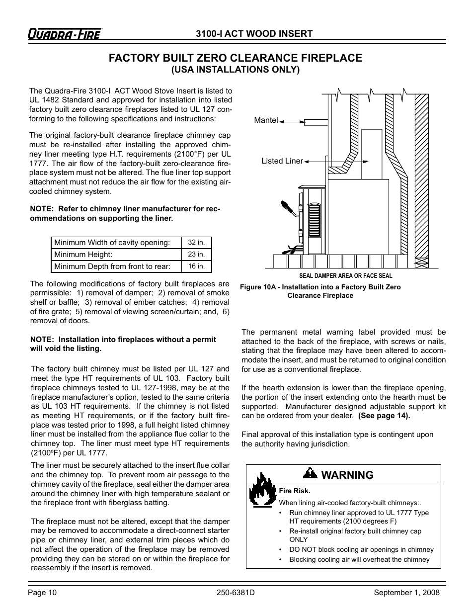 Factory built zero clearance fireplace, Warning | Hearth and Home Technologies 3100-I User Manual | Page 10 / 28