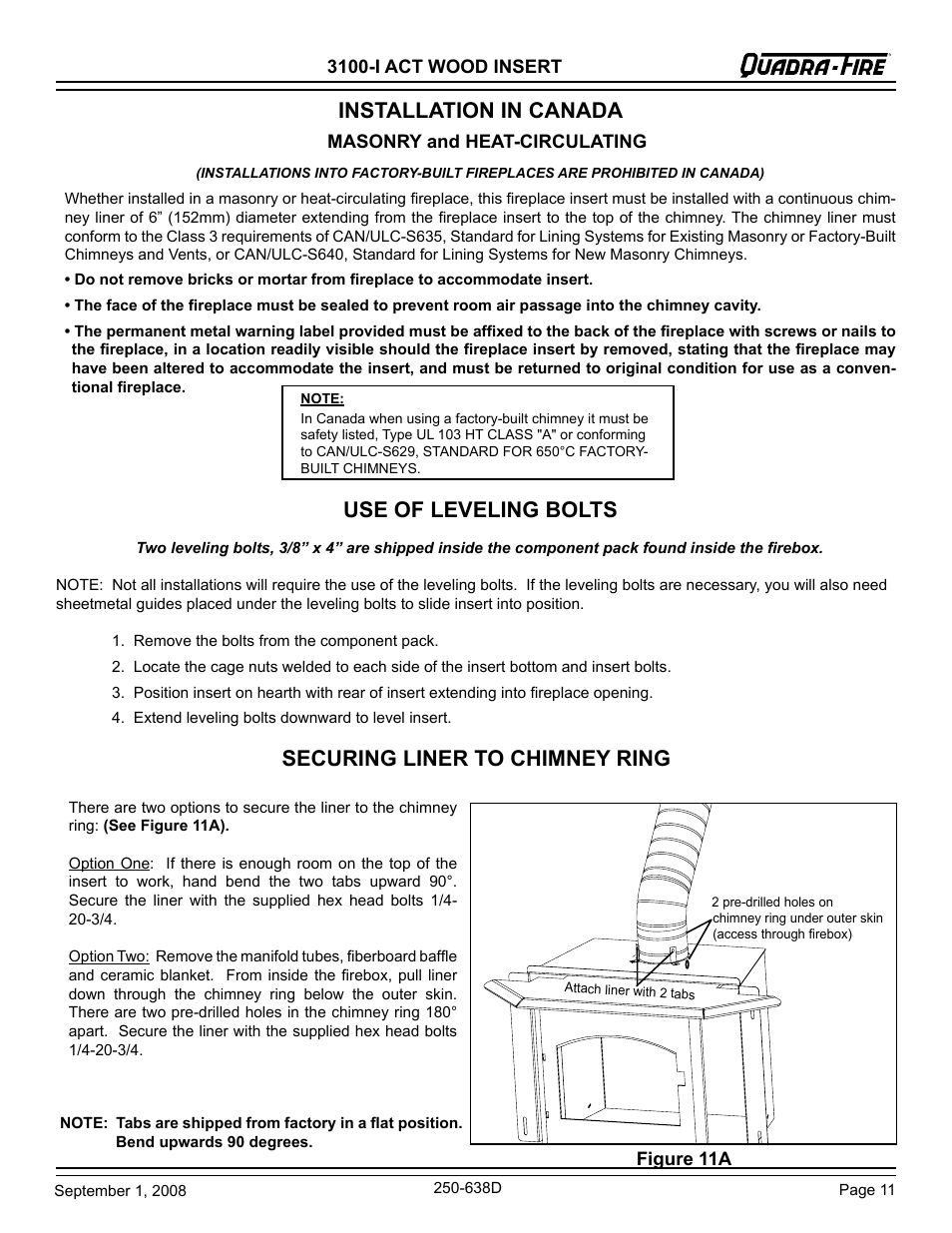 Installation in canada, Use of leveling bolts, Securing liner to chimney ring | Hearth and Home Technologies 3100-I User Manual | Page 11 / 28