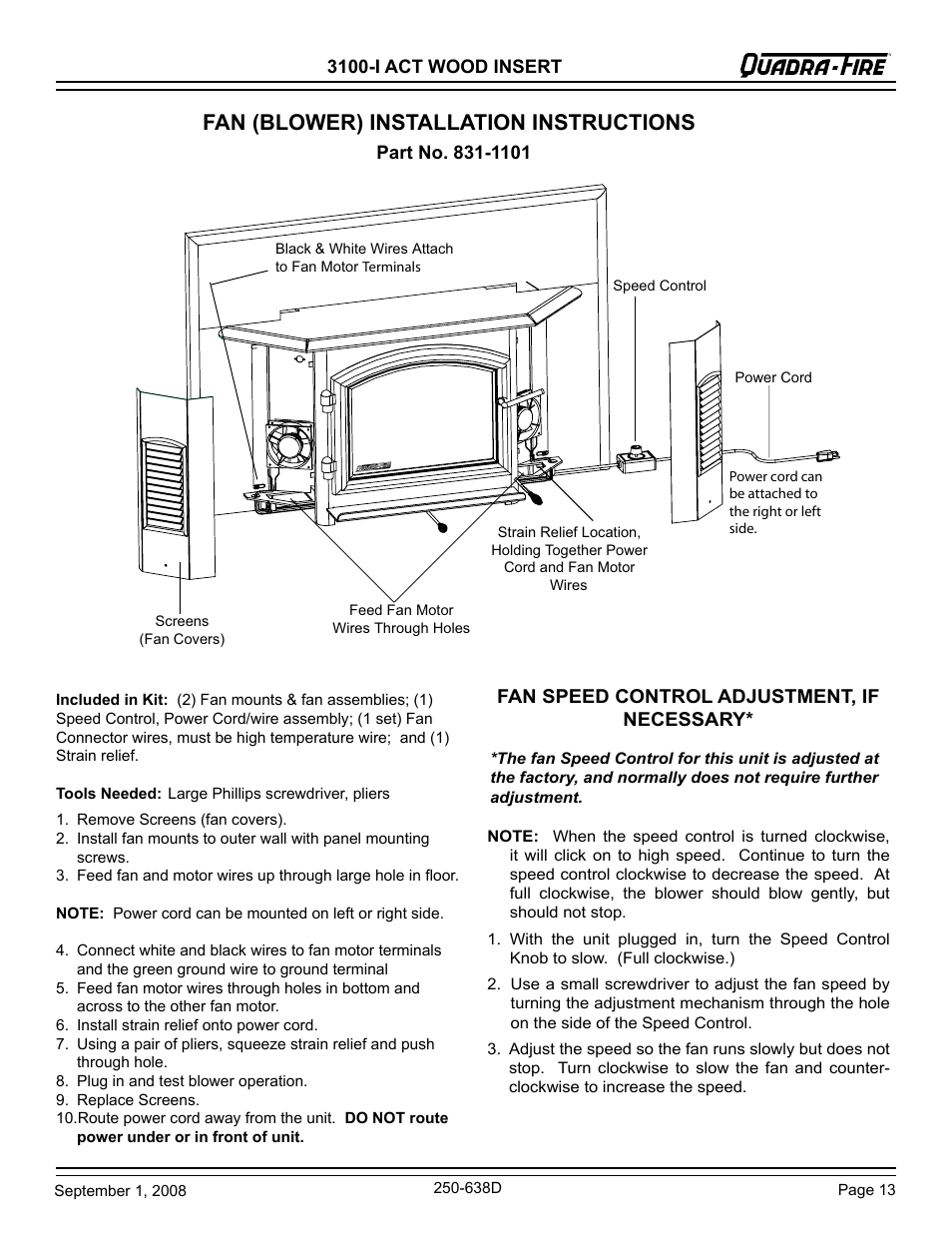 Fan (blower) installation instructions, Fan speed control adjustment, if necessary | Hearth and Home Technologies 3100-I User Manual | Page 13 / 28