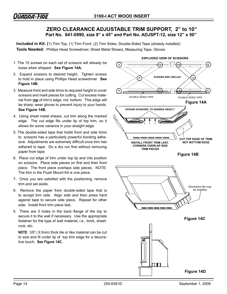 Zero clearance adjustable trim support, 2” to 10, 3100-i act wood insert | Hearth and Home Technologies 3100-I User Manual | Page 14 / 28