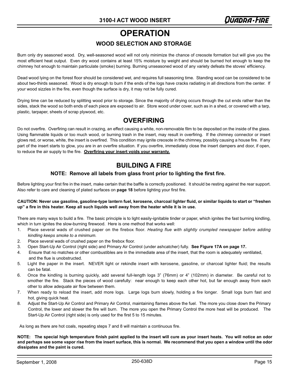 Operation, Overfiring, Building a fire | Hearth and Home Technologies 3100-I User Manual | Page 15 / 28