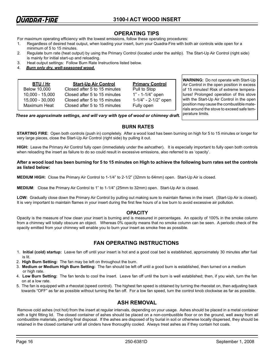 3100-i act wood insert, Ash removal fan operating instruction, Operating tips | Hearth and Home Technologies 3100-I User Manual | Page 16 / 28