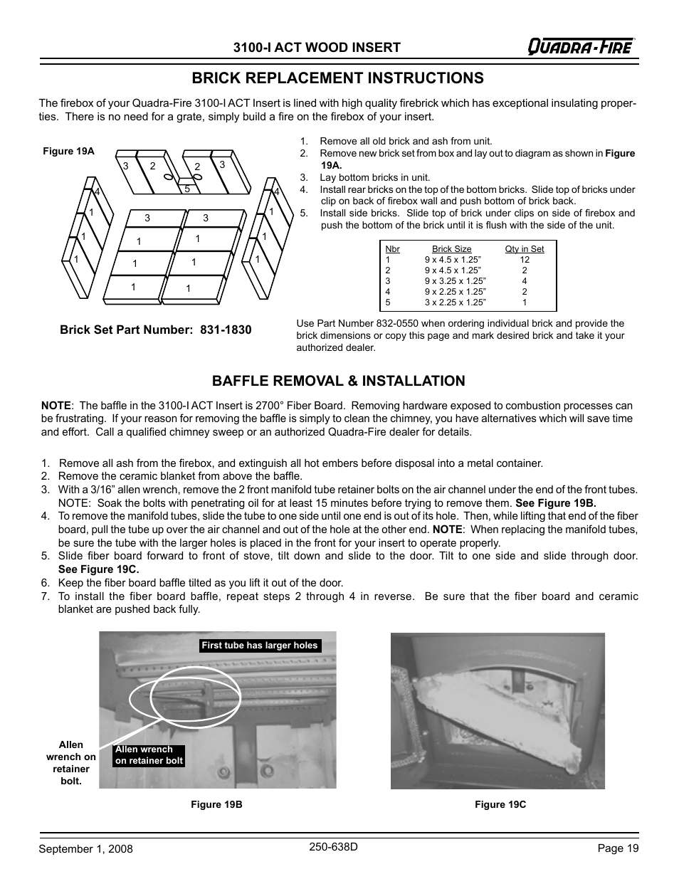 Brick replacement instructions, Baffle removal & installation, 3100-i act wood insert | Hearth and Home Technologies 3100-I User Manual | Page 19 / 28