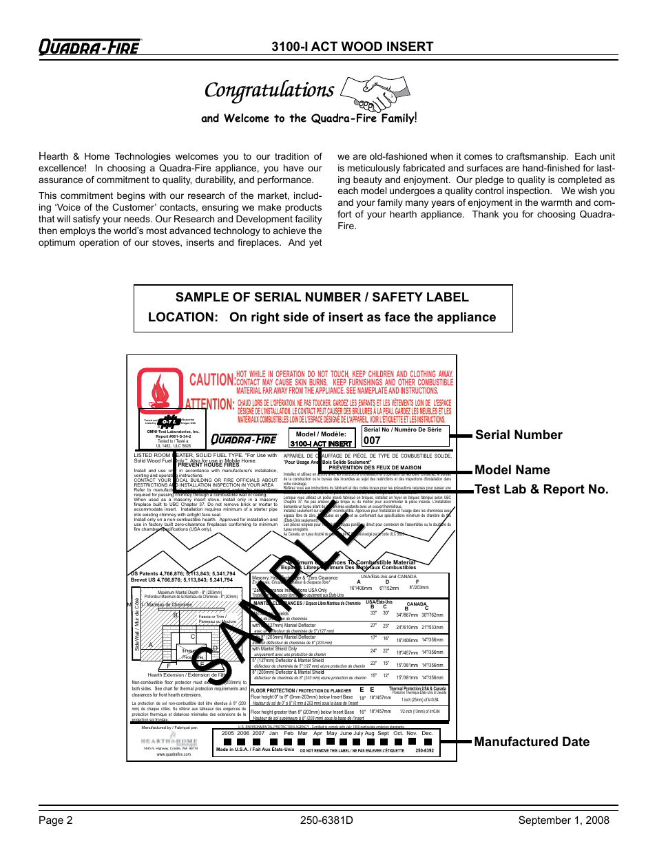 Sa mp le, Caution, Attention | 3100-i act wood insert, 6381d and welcome to the quadra-fire family | Hearth and Home Technologies 3100-I User Manual | Page 2 / 28