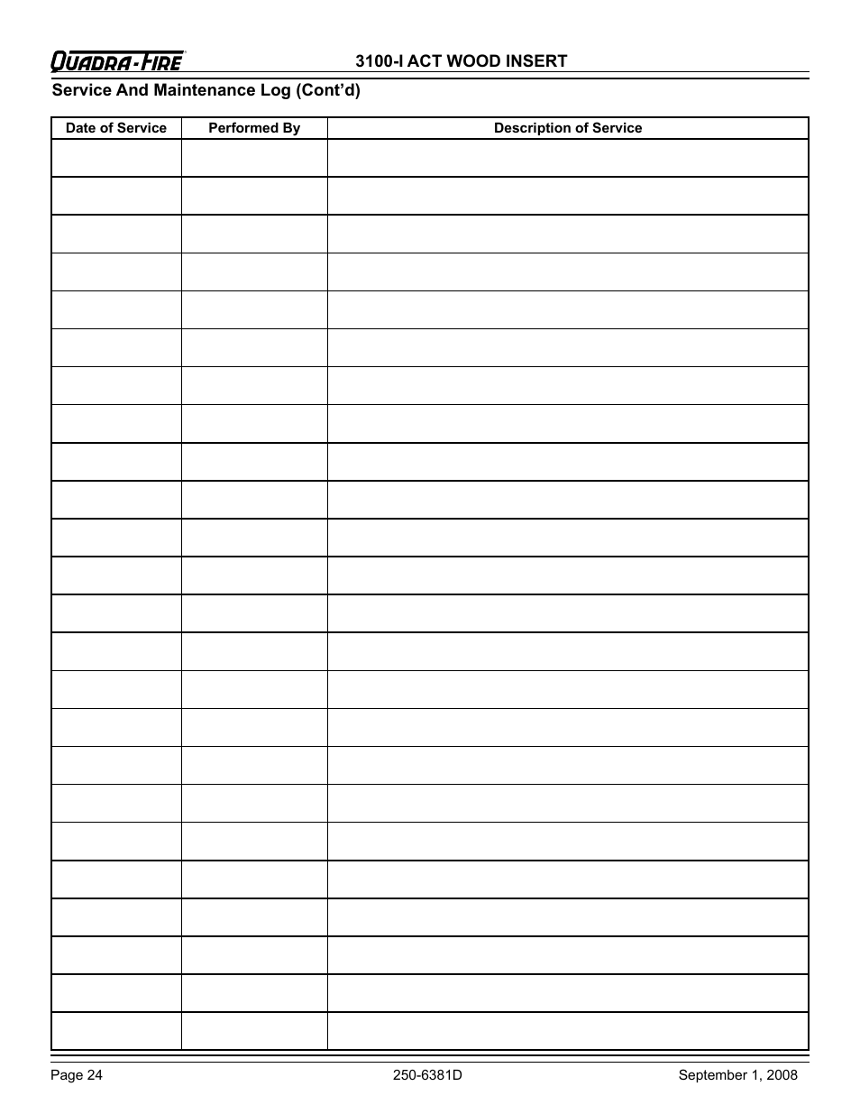 3100-i act wood insert, Service and maintenance log (cont’d) | Hearth and Home Technologies 3100-I User Manual | Page 24 / 28