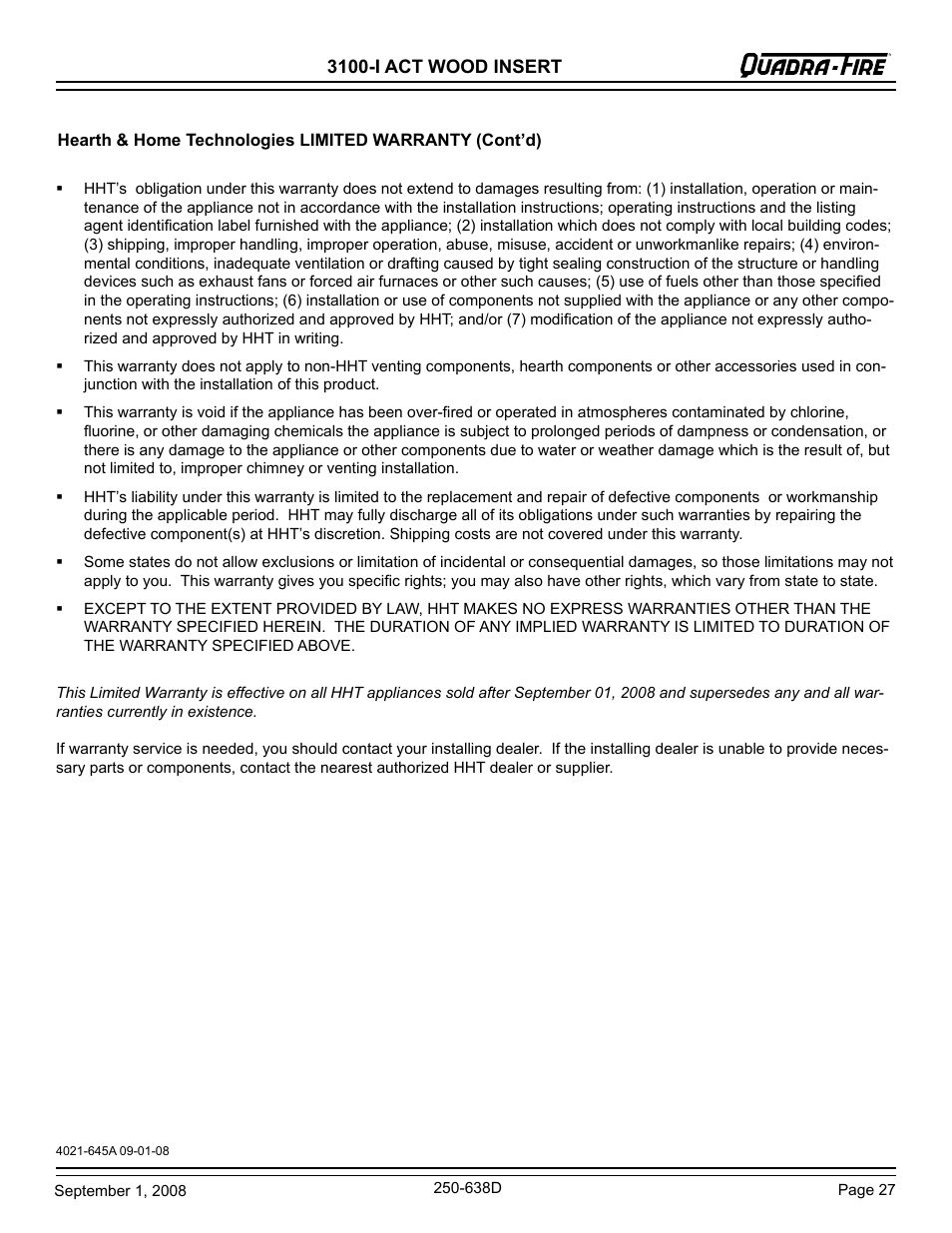 Hearth and Home Technologies 3100-I User Manual | Page 27 / 28
